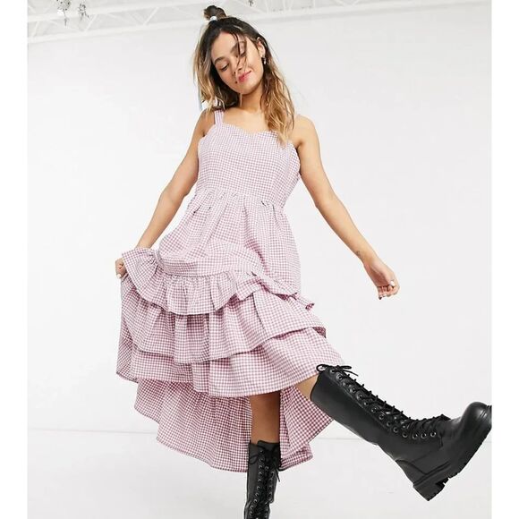 Little Sunny Bite Dress Women's Size Small Pink Purple Gingham Midi NWT Ruffle - Picture 1 of 7